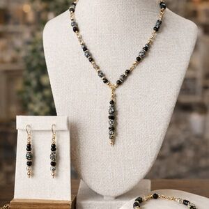 Snowflake Obsidian Y-Drop Set | Necklace, Bracelet & Earrings